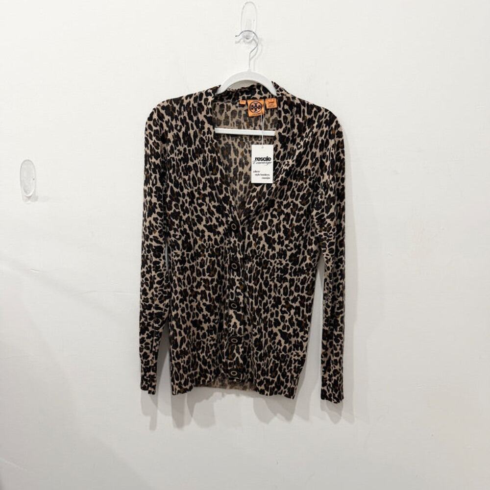 Tory Burch 100% Wool Leopard Print Long Sleeve Cardigan Sweater Brown Women's M